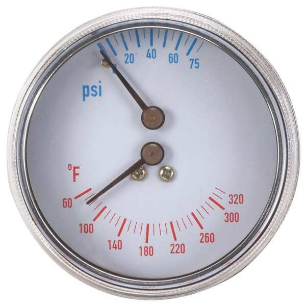 Boiler Gauge, Round, 0-75 PSI, 60 to 260 F, Window: Polycarbonate