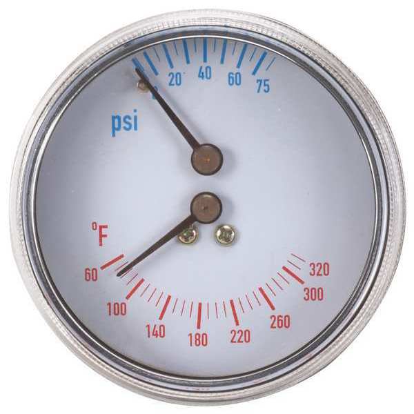 Boiler Gauge, Round, 0-75 PSI, 60 to 260 F, Case Color: Black