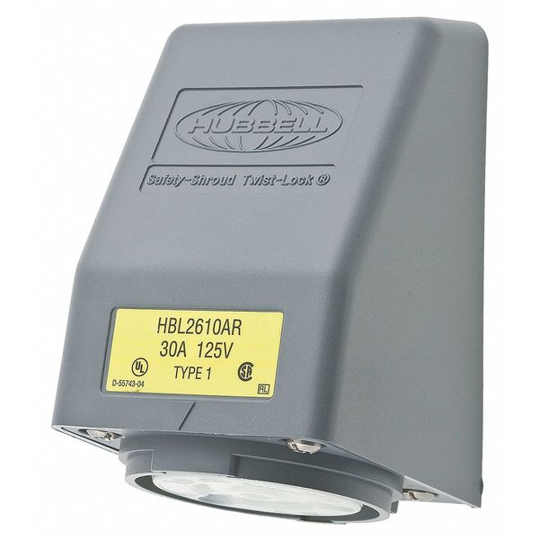 30A Angle Twist-Lock Receptacle 2P 3W 125VAC L5-30R GY