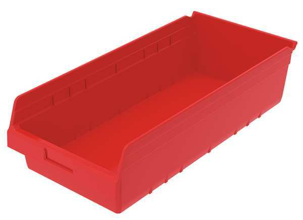 Shelf Storage Bin, Red, Plastic, 23 5/8 in L x 11 1/8 in W x 6 in H, 35 lb Load Capacity