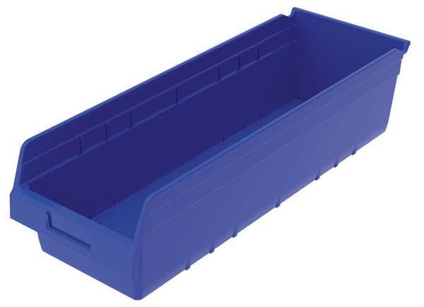 Shelf Storage Bin, Blue, Plastic, 23 5/8 in L x 8 3/8 in W x 6 in H, 35 lb Load Capacity