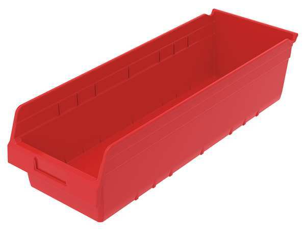 Shelf Storage Bin, Red, Plastic, 23 5/8 in L x 8 3/8 in W x 6 in H, 35 lb Load Capacity