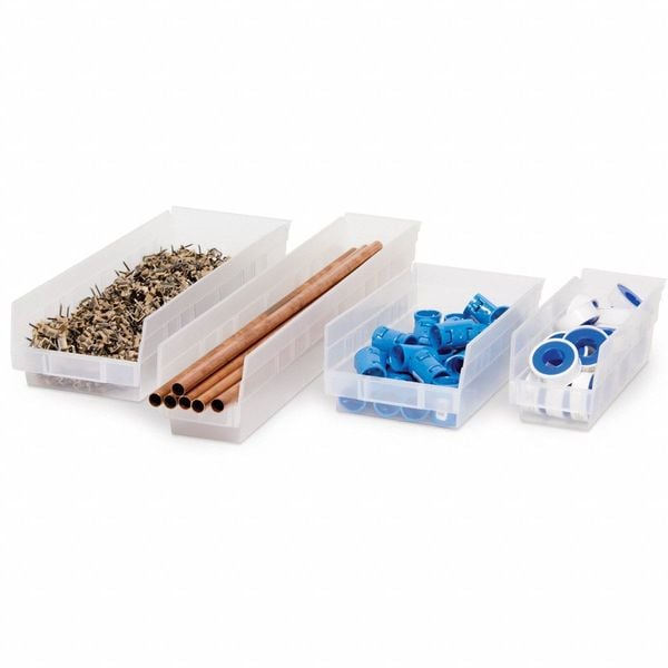Shelf Storage Bin, Clear, Plastic, 23 5/8 in L x 4 1/8 in W x 4 in H, 20 lb Load Capacity