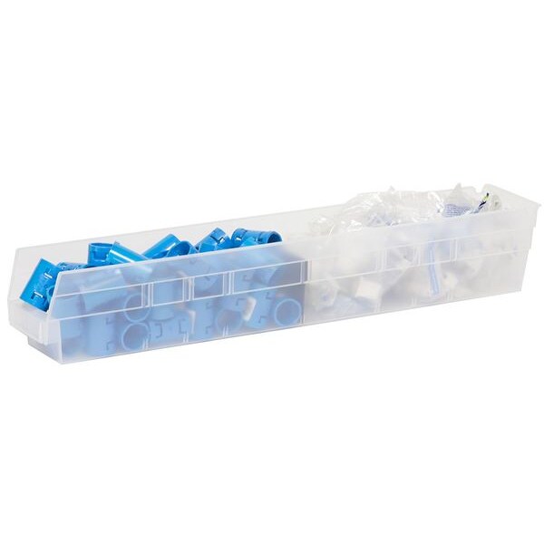 Shelf Storage Bin, Clear, Plastic, 23 5/8 in L x 4 1/8 in W x 4 in H, 20 lb Load Capacity
