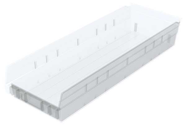 Shelf Storage Bin, Clear, Plastic, 23 5/8 in L x 8 3/8 in W x 4 in H, 20 lb Load Capacity
