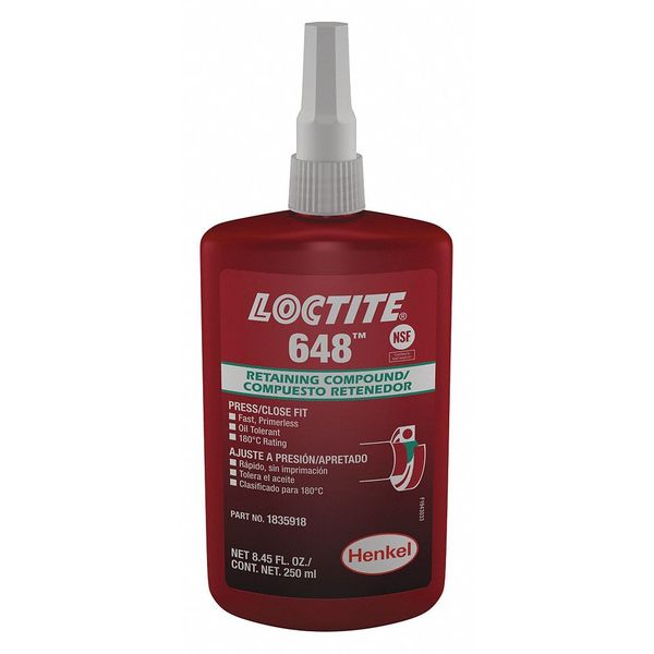 Retaining Compound, 648 Series, Green, Liquid, For Close-Fitting Parts, 250 mL Bottle