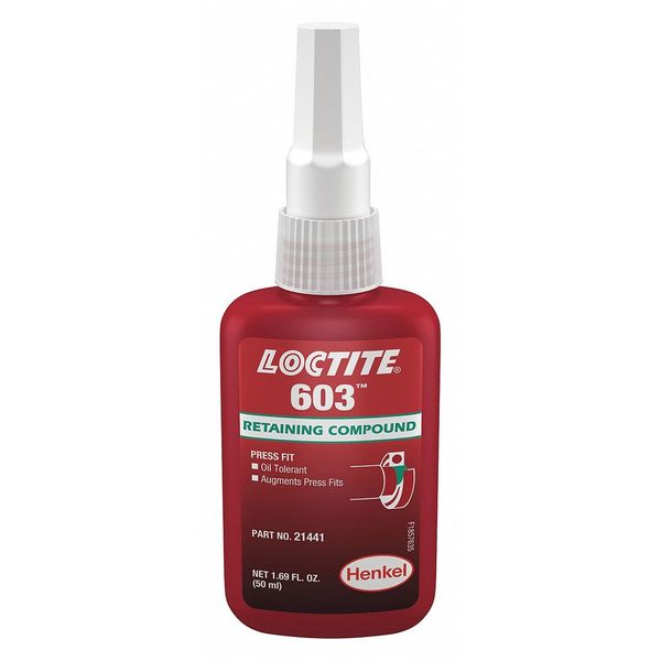 Retaining Compound, 603 Series, Green, Liquid, Press Fit, Oil Tolerant, 50 mL Bottle