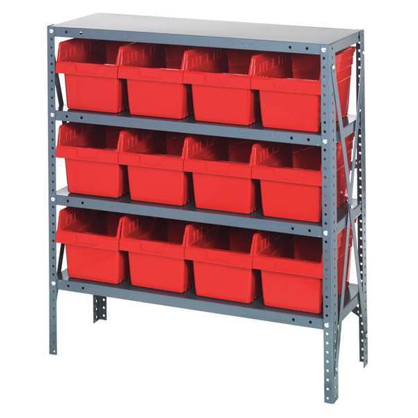 Steel Bin Shelving, 36 in W x 39 in H x 12 in D, 4 Shelves, Red