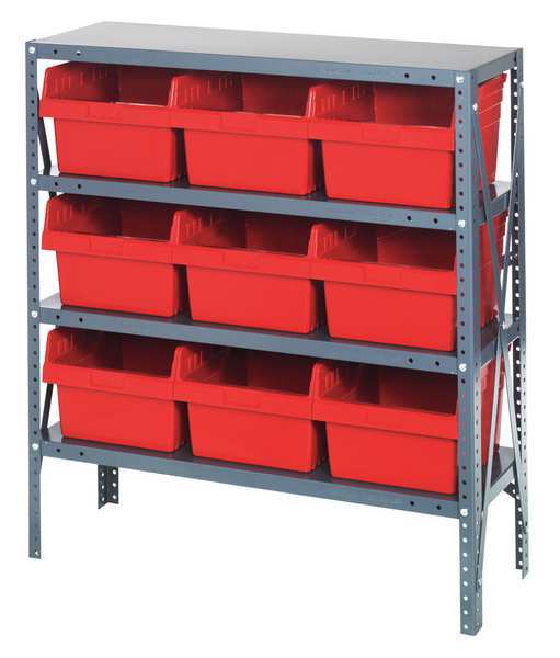 Steel Bin Shelving, 36 in W x 39 in H x 12 in D, 4 Shelves, Red
