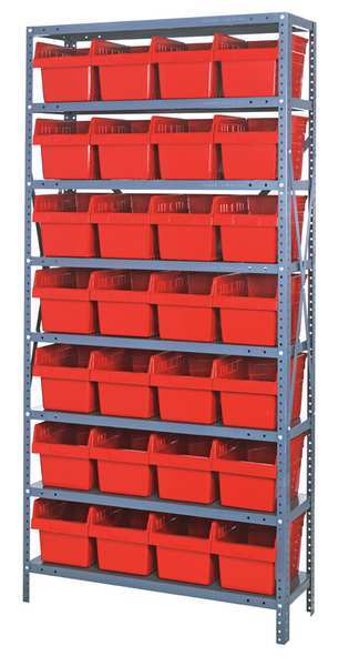 Steel Bin Shelving, 36 in W x 75 in H x 18 in D, 8 Shelves, Red