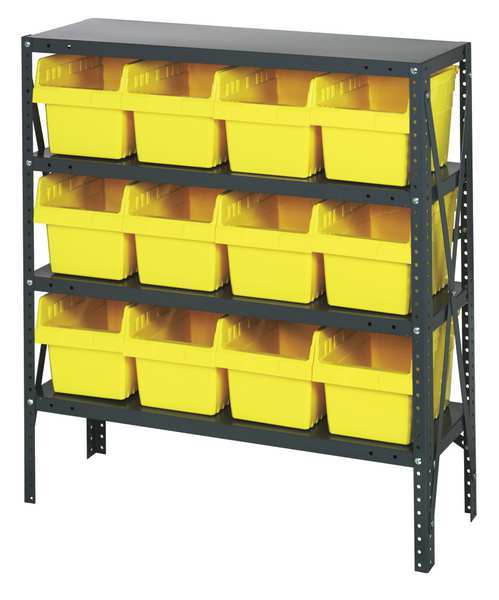 Steel Bin Shelving, 36 in W x 39 in H x 12 in D, 4 Shelves, Yellow