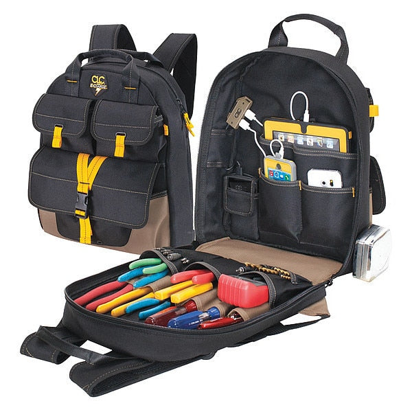 USB Charging Tool Backpack, Polyester, 23 Pockets, Black/Khaki