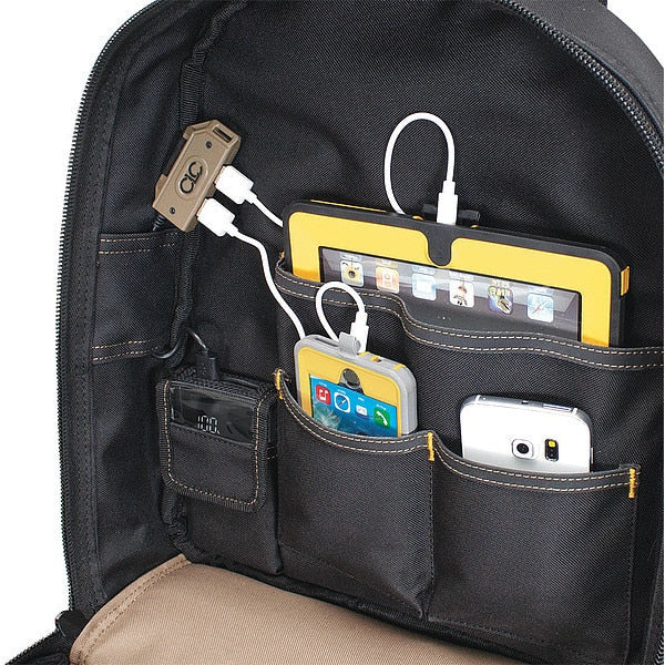 USB Charging Tool Backpack, Polyester, 23 Pockets, Black/Khaki