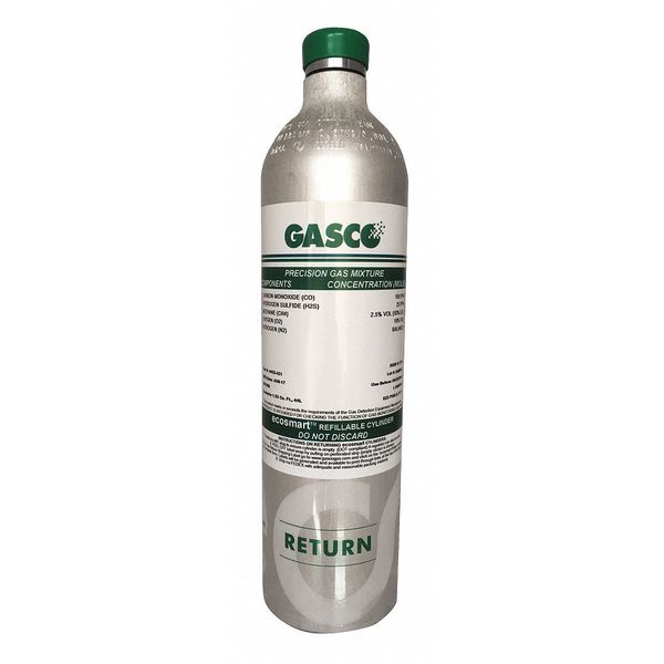 Calibration Gas, Carbon Monoxide, Hydrogen Sulfide, Methane, Nitrogen, Oxygen, 34 L, +/-5% Accuracy