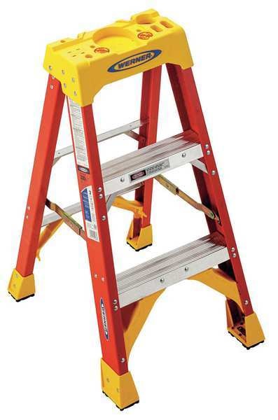 Fiberglas Stepladder, 3 ft Ladder Ht, 2 Steps, 300 lb, 23 1/8 in Base Spread, 18 1/4 in Bottom W
