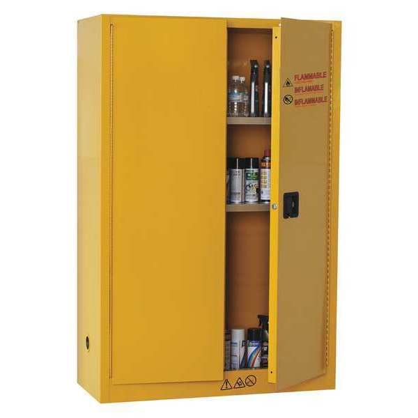 Flammables Safety Cabinet, 45 Gallon Capacity, 2 Shelves, Steel, 43 in Width x 65 in Height, Yellow