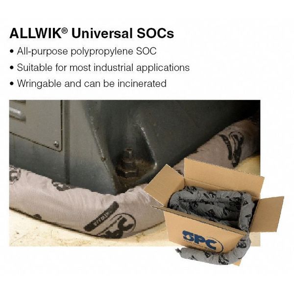 Sorbents, 12 gal/pk; 3 gal/sock, Universal Absorbed, Gray, Polypropylene, 4 PK