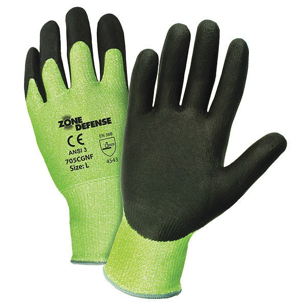 Hi-Vis Cut Resistant Coated Gloves, A3 Cut Level, Nitrile, XL, 12PK