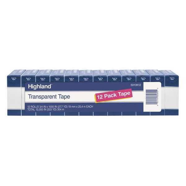 Transparent Tape, 0.75in W x 28yd L, PK12