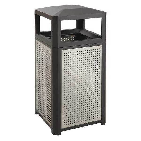 38 gal Square Trash Can, Black, Open Side, Galvanized steel