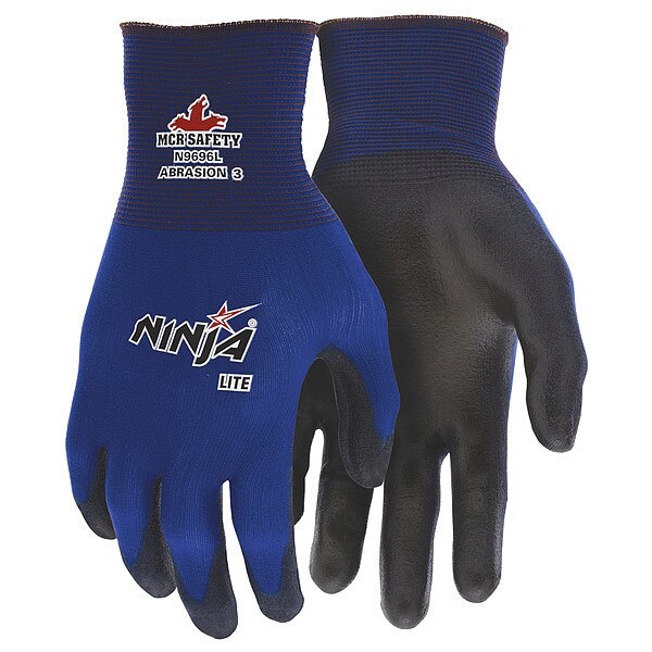 Polyurethane Coated Gloves, Palm Coverage, Black/Blue, L, 12PK