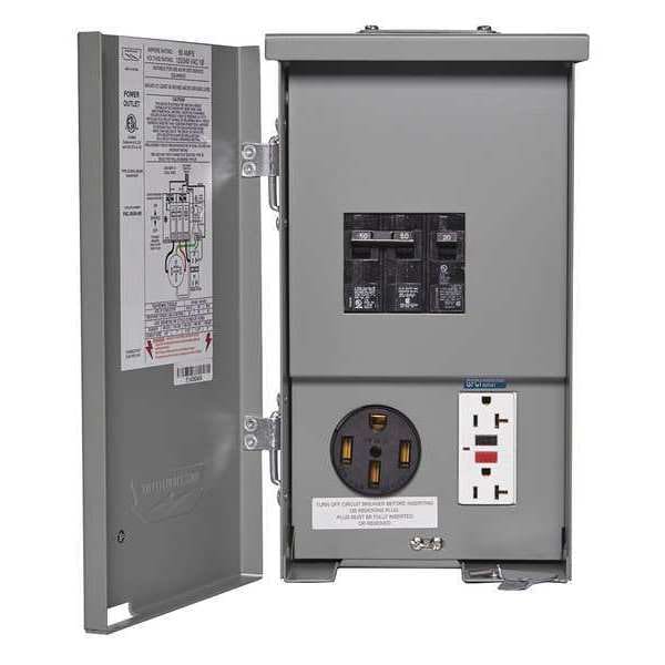 RV Panel Outlet, 60 A, Contains 50 A Receptacle, Breakers & GFCI Duplex, NEMA 3R Rainproof Enclosure
