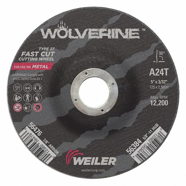 Cutting Wheel, Type 27, 0.0938 in Thick, Aluminum Oxide