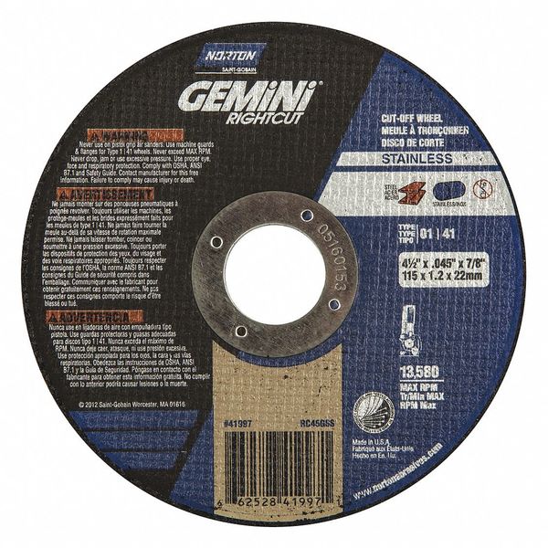 Gemini RightCut INOX/SS A AO Type 01/41 Right Angle Cut-Off Wheel