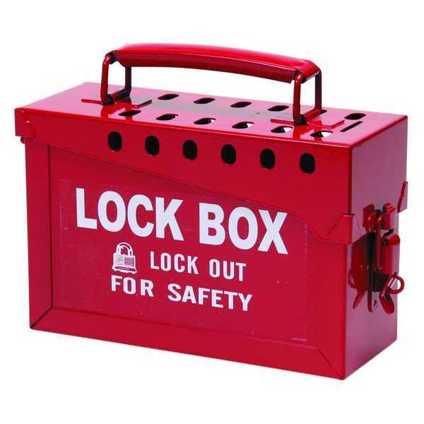 Lockout Tagout Portable Group Lock Box, Steel, Hinged, 13 Padlocks, 6 in x 9 in x 3.5 in, Red