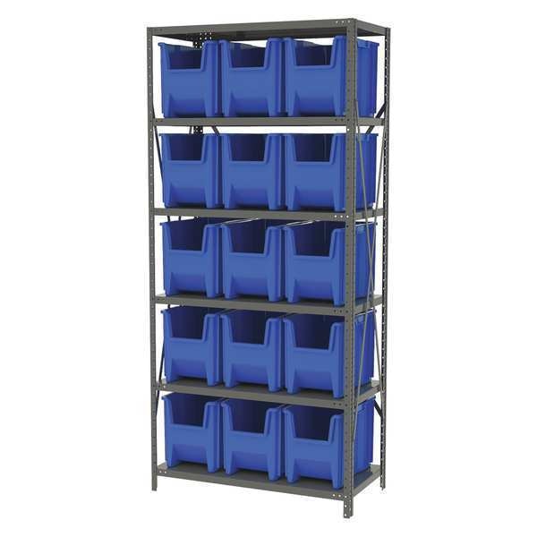 Steel Bin Shelving Kit, 6 Shelves, Gray/Blue