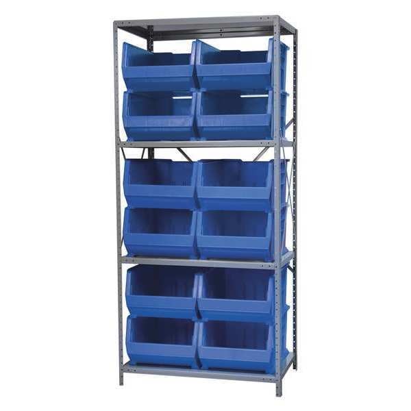 Steel Bin Shelving Kit, 3 Shelves, Gray/Blue