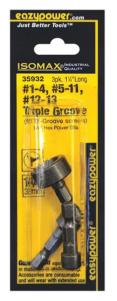 3 Piece Screwdriver Bit Set, 1/4