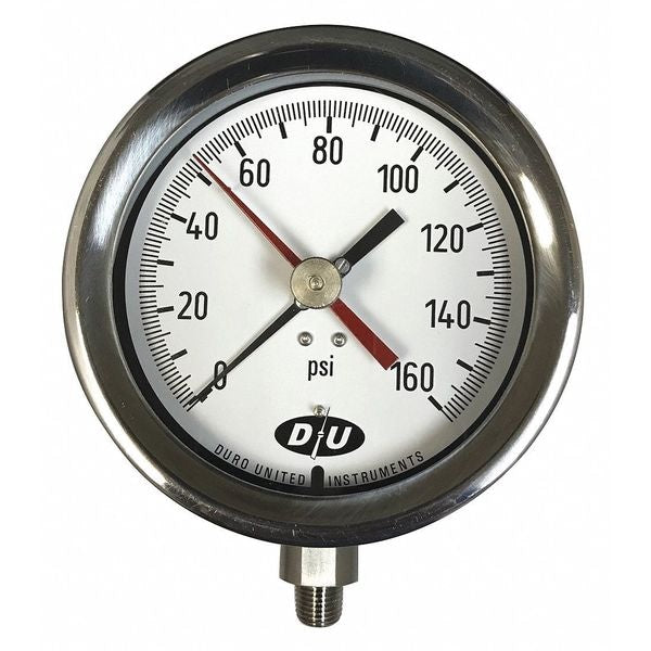 Pressure Gauge, 0 to 200 psi, 1/4 in MNPT, Silver