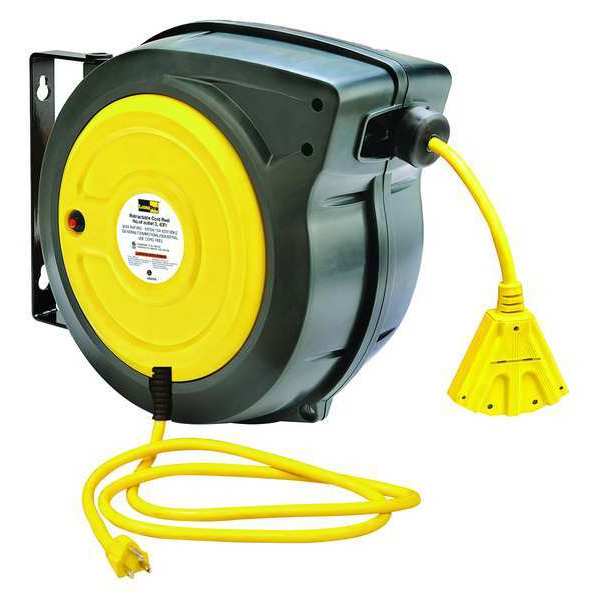 Extension Cord Reel, 12 AWG, 40 ft, SJTOW, 125V AC, NEMA 5-15, Triple Tap Connector, Grounding Plug