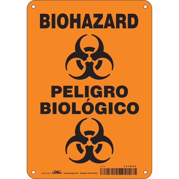Biohazard Sign, 10 in Height, 7 in Width, Aluminum, Horizontal Rectangle, English, Spanish