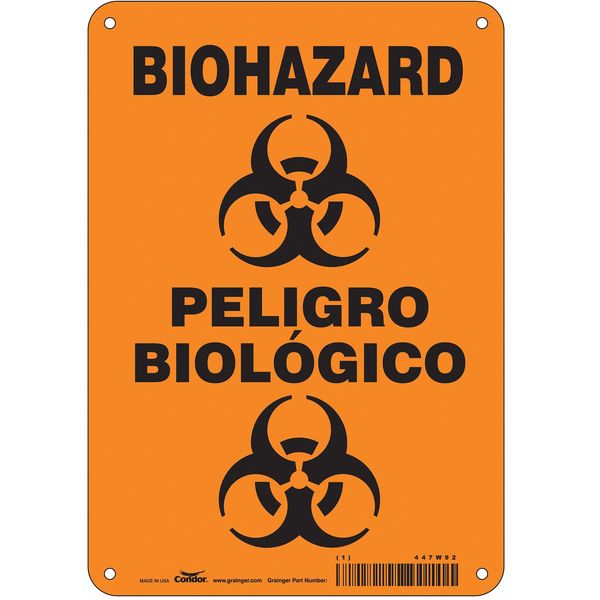 Biohazard Sign, 10 in Height, 7 in Width, Polyethylene, Horizontal Rectangle, English, Spanish