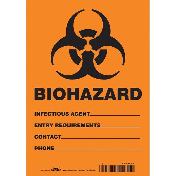 Biohazard Sign, 10 in H, 7 in W, Vinyl, Horizontal Rectangle, English, 447W52