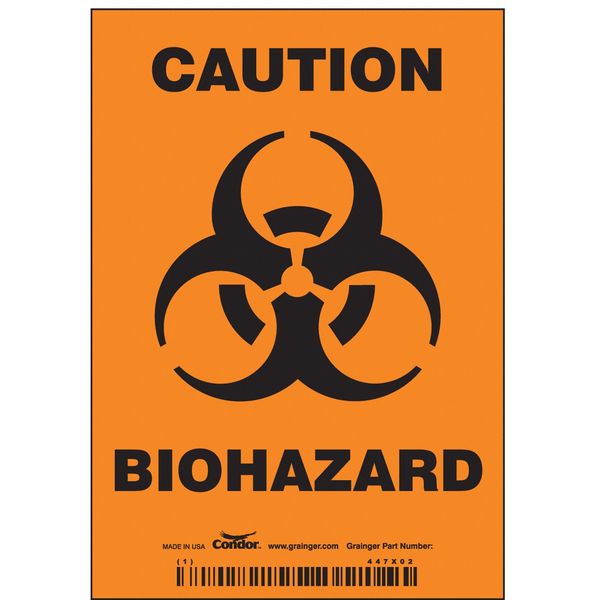 Biohazard Sign, 5 in H, 3 1/2 in W, Vinyl, Vertical Rectangle, English, 447X02