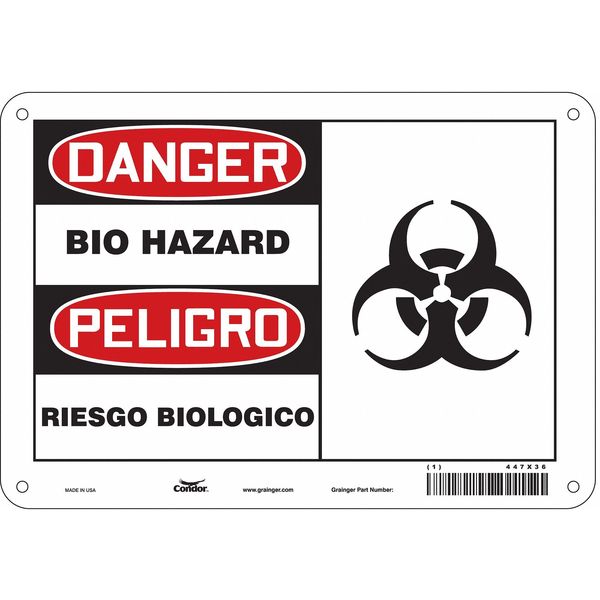 Biohazard Sign, 7 in H, 10 in W, Vertical Rectangle, English, Spanish, 447X36