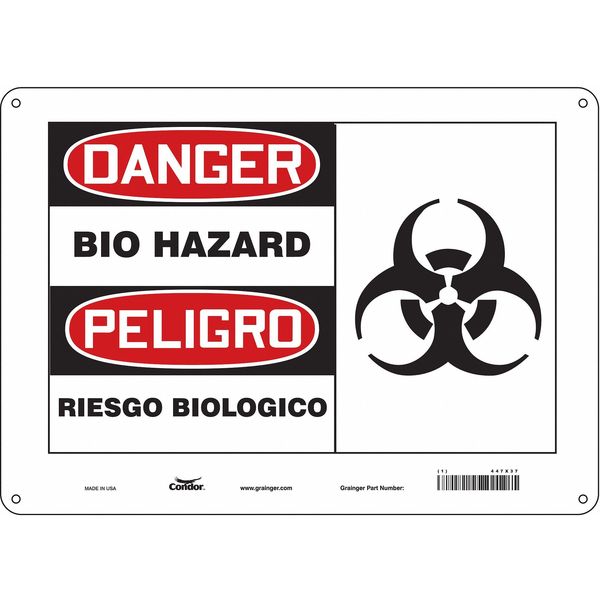 Biohazard Sign, 10 in H, 14 in W, Horizontal Rectangle, English, Spanish, 447X37