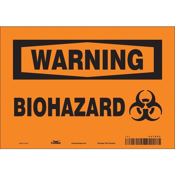 Biohazard Sign, 7 in H, 10 in W, Vinyl, Vertical Rectangle, English, 447X62