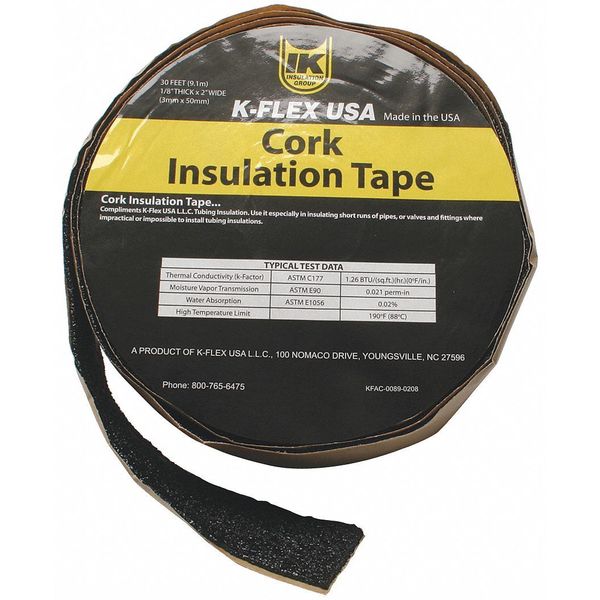 Pipe Insulation Tape, 30 ft Overall Lg, 2 in Overall Wd, 130 mil Thick, Cork, Black