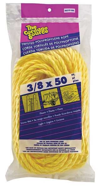 Rope, 50ft, Yllw, 308lb., 3/8 in, Polyprpylne