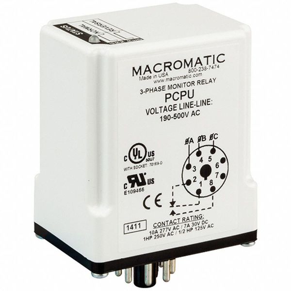 3 Phase Monitor Relay, SPDT, 500VAC, 8 Pin