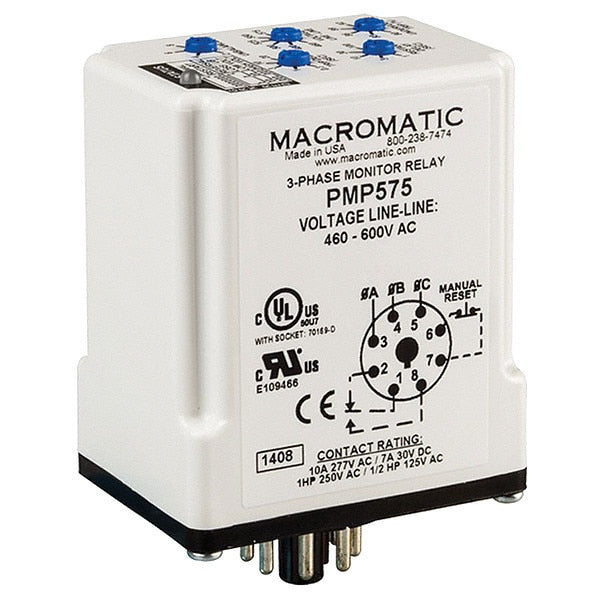 3 Phase Monitor Relay, SPDT, 600VAC, 8 Pin