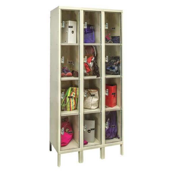 Box Locker, 36 in W, 12 in D, 78 in H, (3) Wide, (12) Openings, Tan