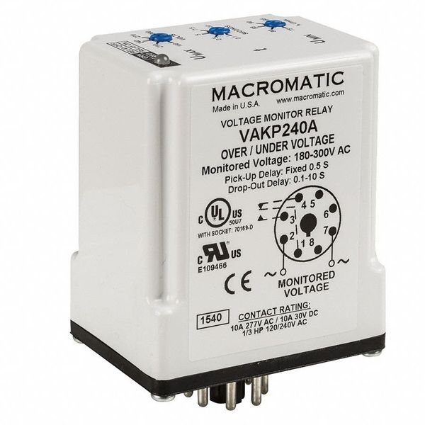 Voltage Monitor Relay, 240VC, Plug-In