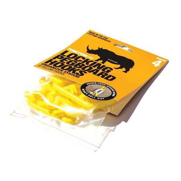 Locking Pegboard Hooks, 2 in.L, Yellow, PK8