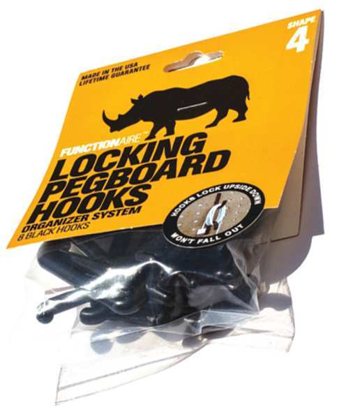 Locking Pegboard Hooks, 1/4in.dia, Blk, PK8