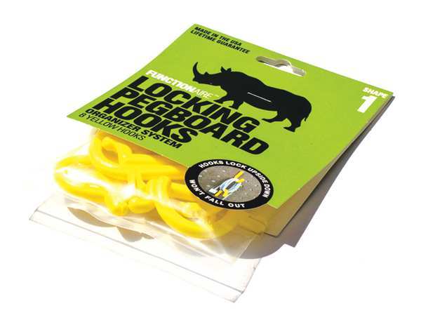 Locking Pegboard Hooks, 1 in.L, Yellow, PK8